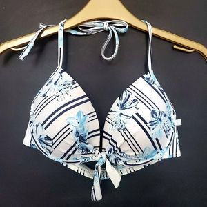 LA VIE EN ROSE AQUA Underwire Bikini Top Blue & White Floral Stripes Bow Tie M